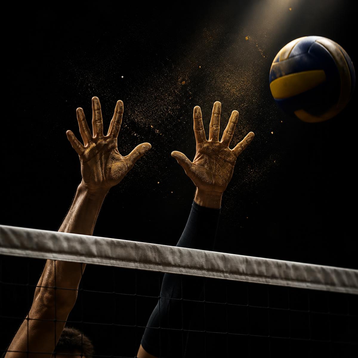 Manos de un jugador bloqueando el balón sobre la red de voleibol